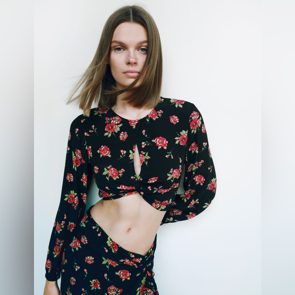 Zara Floral Print Cropped Blouse